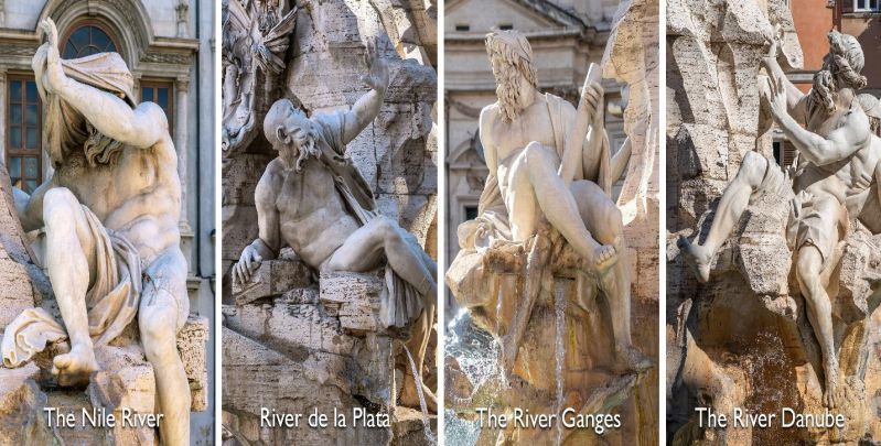 Hình ảnh 4 vị thần sông tượng trưng cho 4 châu lục tại Đài phun nước Fontana dei Quattro Fiumi. 